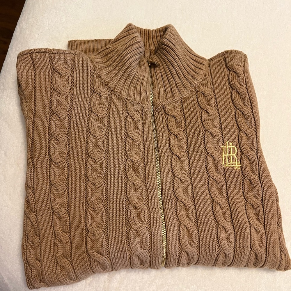 Ralph Lauren Tan Cable Knit Zip-Up Sweater
